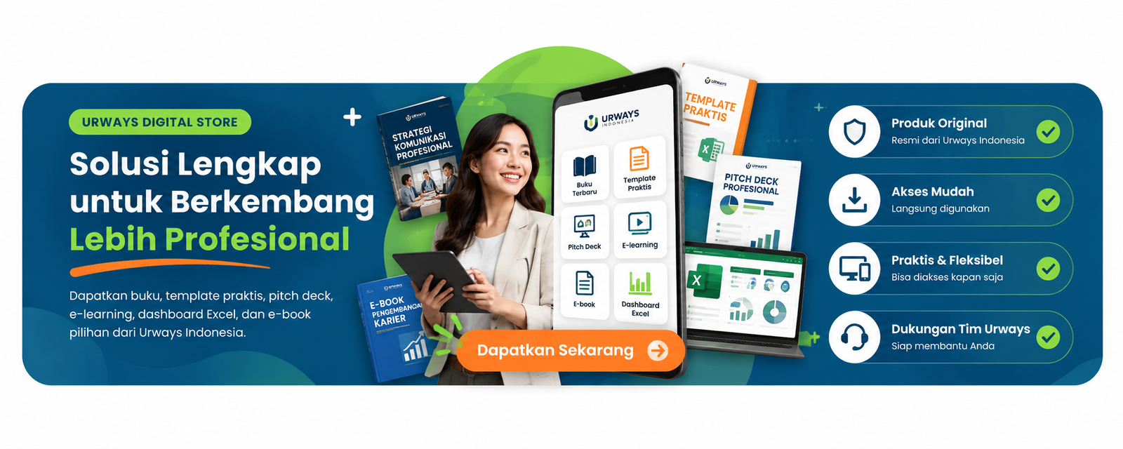 Urways Digital Store — buku, template praktis, pitch deck, e-learning, dashboard Excel, dan e-book